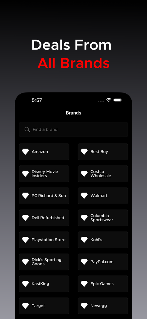 Interface do aplicativo Black Friday mostrando uma lista pesquisável de marcas de varejo populares como Amazon, Best Buy e Walmart