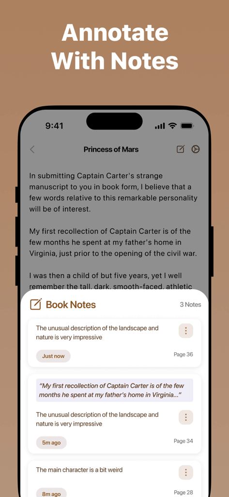 ePub Reader - eBook Viewer - ePub Reader app interface showing the book notes and annotation feature on an iPhone
