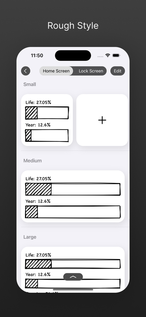 Life Progress Bar app preview showing small medium and large widgets in a hand drawn rough style