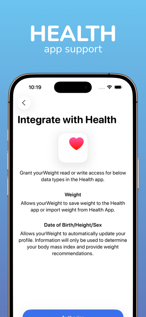 Screen showing integration options for yourWeight app with Apple Health to sync weight and BMI data.