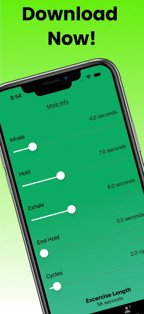 Interfaccia utente dell'app Esercizi di Respirazione che mostra slider per personalizzare le durate di inspirazione, trattenimento ed espirazione.