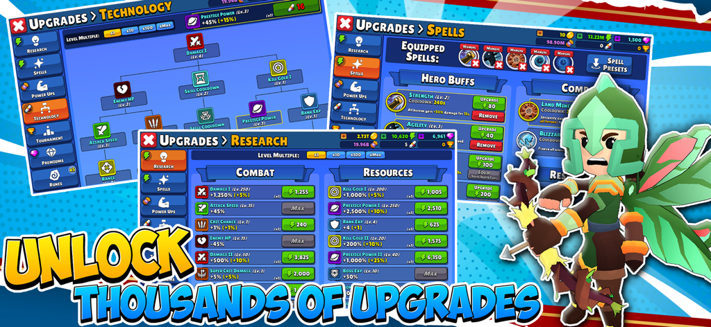 Idle Hero TD Tower Defense RPG - Interface showing multiple upgrade screens for research technology and spells in Idle Hero TD
