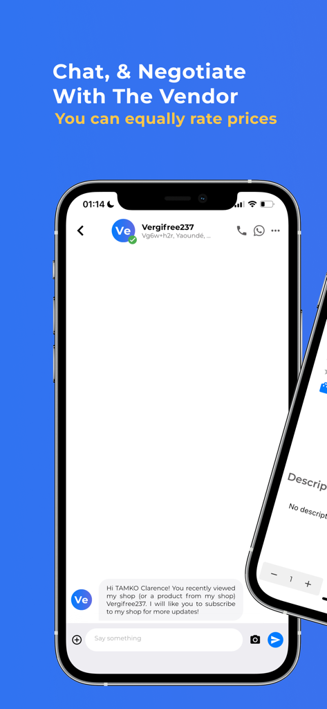 ShoppyMS: Shop Near You - Interfaz móvil de la aplicación ShoppyMS que muestra una pantalla de chat para negociar precios con un vendedor