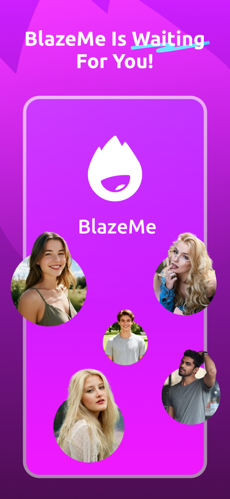 Schermata di benvenuto dell'app BlazeMe con cerchi di profili utente su sfondo viola