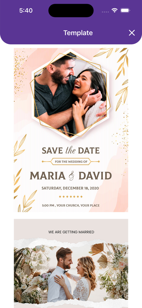 Digital Invitation Maker - Interfaz de la aplicación Creador de Invitaciones Digitales mostrando elegantes plantillas de tarjetas de boda y "save the date" con marcos de fotos.