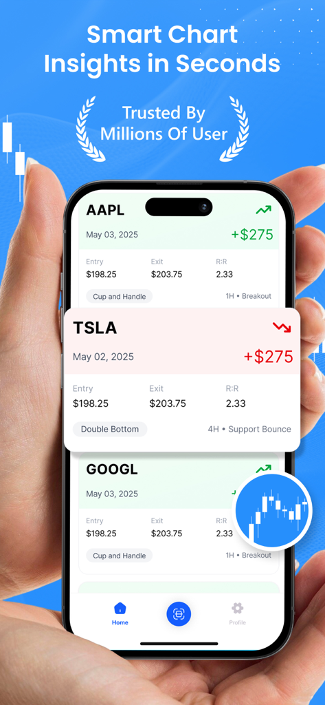 SnapTrader: AI Trade Analyzer - SnapTrader app interface on a mobile phone showing AI generated trade analysis and chart patterns for stocks like Apple and Tesla