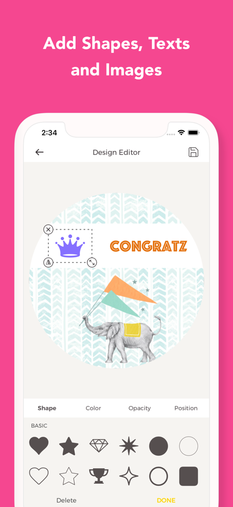 Labelr: Label & Sticker Maker - Label design interface showing text and shape customization options for a circular sticker