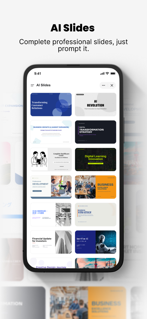Genspark AI Slidesによって生成されたプロフェッショナルなプレゼンテーションスライドレイアウトを表示するスマートフォン。