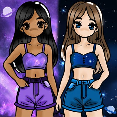 two sisters with crop tops and jean shorts and straight hair