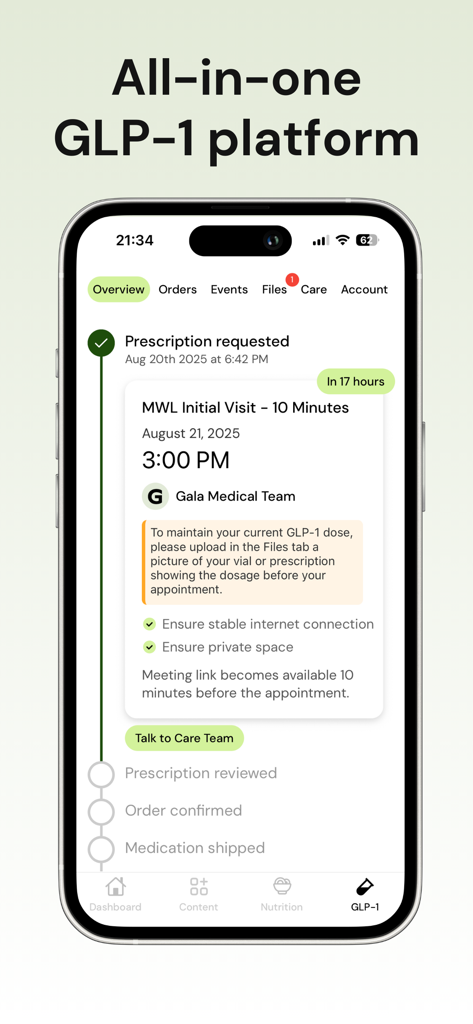 Gala GLP-1 Tracker - Gala GLP-1 Tracker interface showing a scheduled medical visit and prescription status timeline