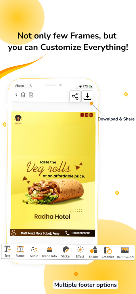 AdBanao: Poster & Video Maker - プロのビジネスポスター作成のためのカスタマイズツールを示すAdBanaoのモバイルアプリインターフェース