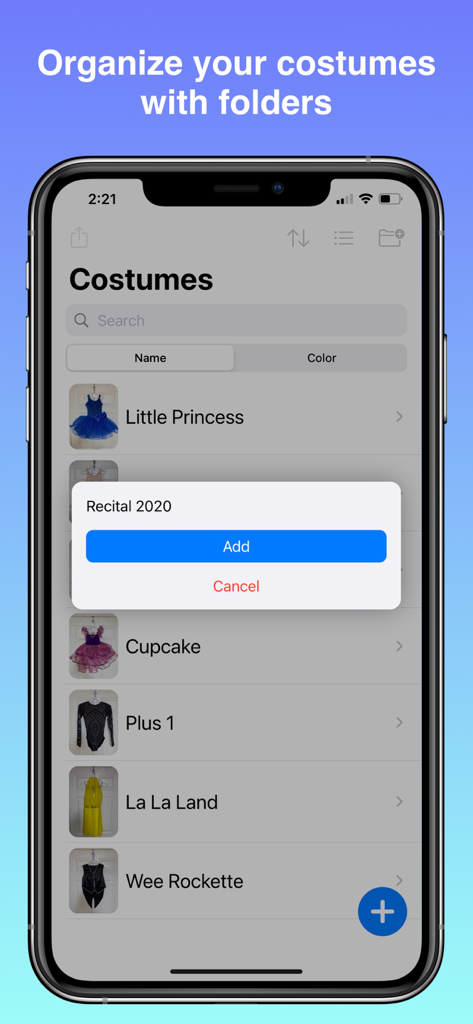 Mobile app interface showing a list of costumes and a pop-up to create a new folder named Recital 2020.