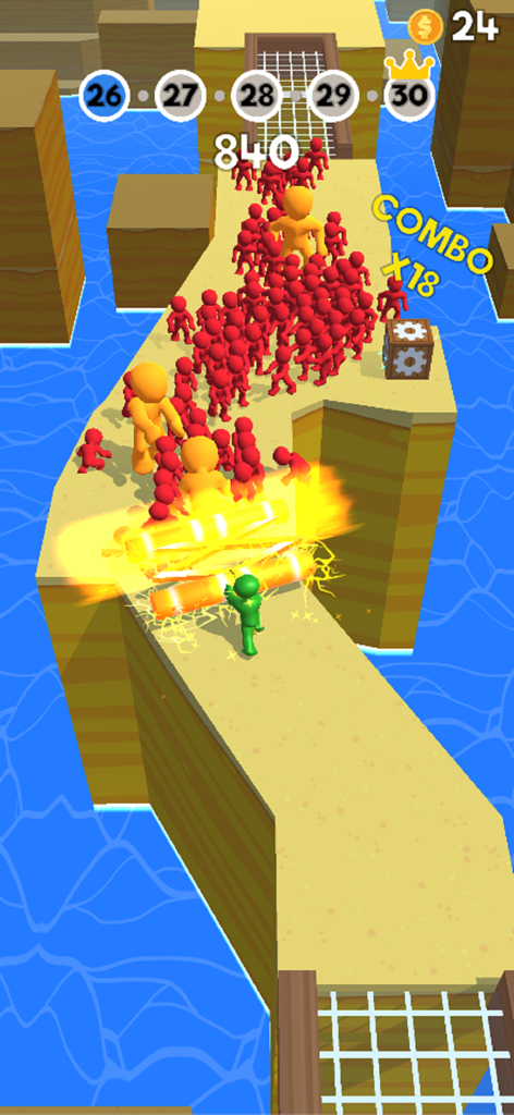 A green character using a large pole to push a crowd of red enemies off a narrow platform over water.