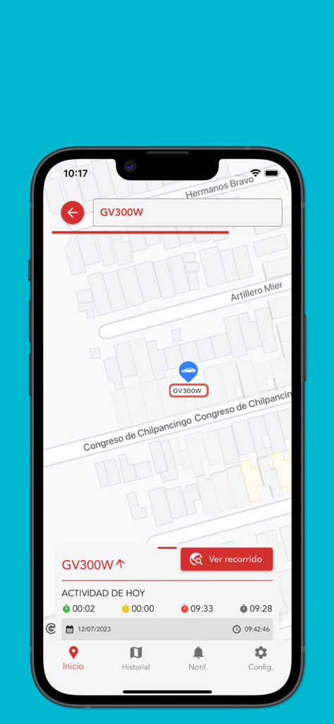 GPS Online - Bildschirm der GPS Online App, der den Fahrzeugstandort auf einer Karte und eine Zusammenfassung der täglichen Aktivitäten anzeigt