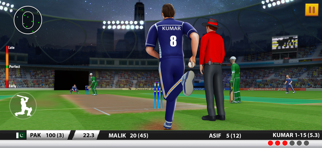 Bowling action in Play Cricket Games 2026 mobile app showing a realistic stadium environment