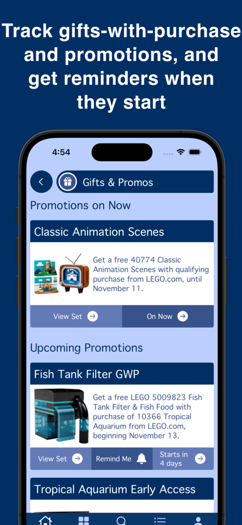 omgbricks for LEGO Sets - Omgbricks app interface showing active and upcoming LEGO promotions and gifts with purchase