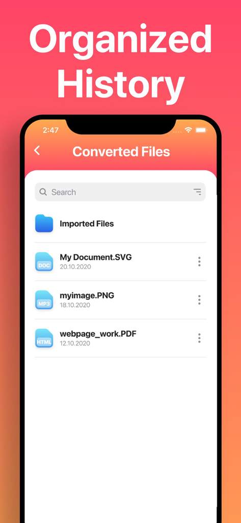 Ein mobiler App-Bildschirm, der eine Liste konvertierter Dateien anzeigt, darunter SVG-, PNG- und PDF-Formate unter der Überschrift Organisierte Historie.