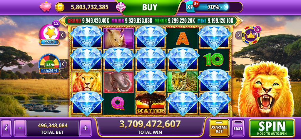 Juego de Gambino Casino Slots con temática de safari, con un león, rinoceronte y grandes símbolos de diamantes.
