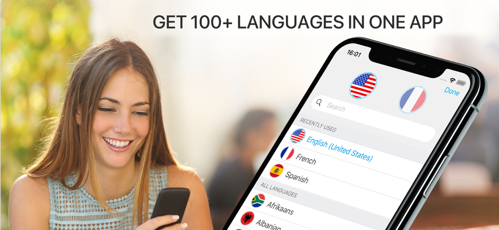 Translate Me - Live Translator - A smiling woman using a smartphone alongside an interface showing over 100 languages available for translation in the Translate Me app