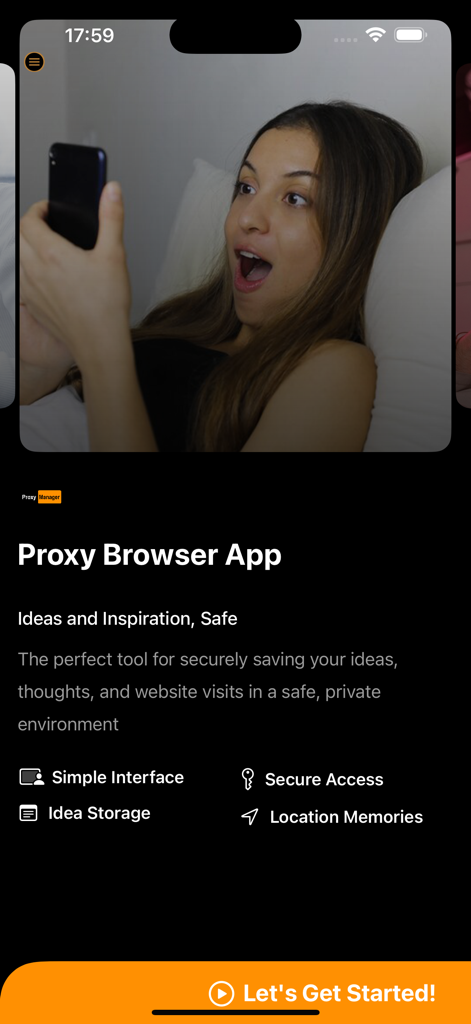Pantalla de bienvenida para la aplicación Navegador Proxy destacando el almacenamiento seguro de ideas y las funciones de navegación web privada