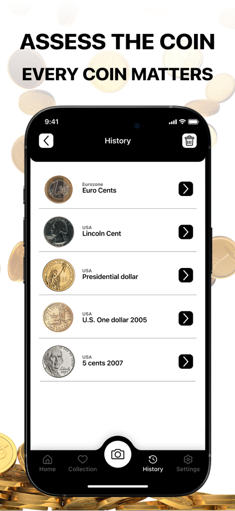 ValueCoin: Coin Identifier App - ValueCoin app screen showing a history list of identified US and Euro coins