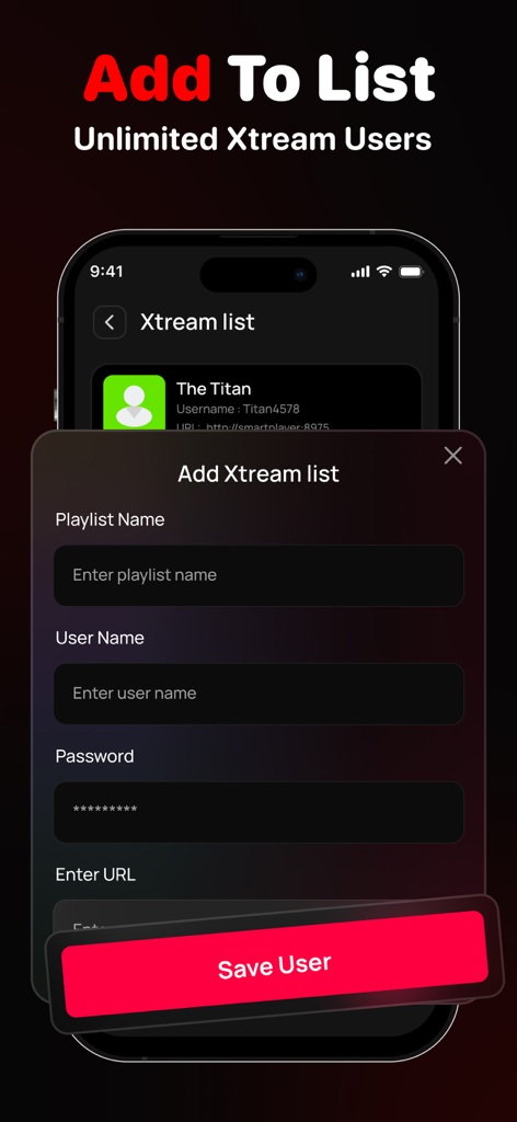 Interface for adding an Xtream IPTV list showing input fields for playlist name username and password