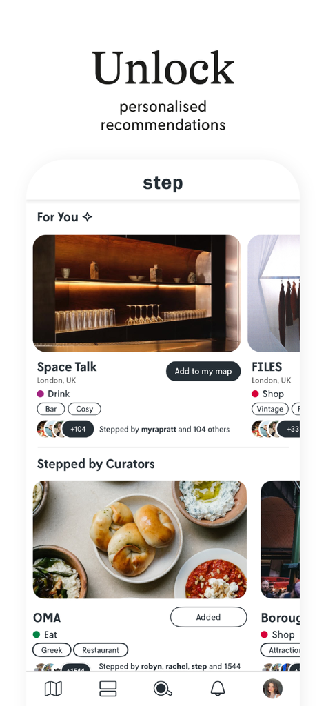 Step: Your World - Stepアプリのインターフェースのスクリーンショット。バーやレストランに関するパーソナライズされた旅行およびライフスタイルのおすすめが表示されている。
