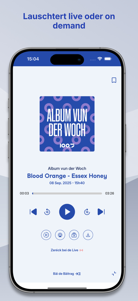 Blood Orange의 이번 주 앨범 오디오 플레이어를 보여주는 아이폰의 라디오 100,7 앱 인터페이스.