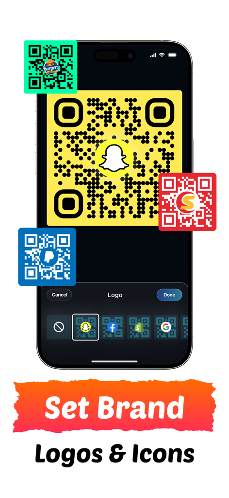 QRBot: QR Code Maker + Barcode - Mobile app interface for adding brand logos and social icons to custom QR codes