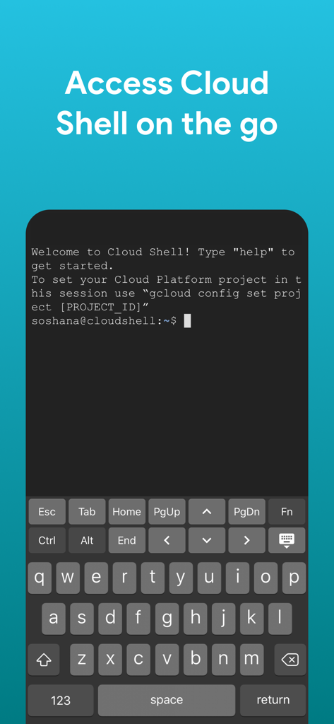 Google Cloud - Google Cloud app interface showing Cloud Shell terminal access on a mobile device