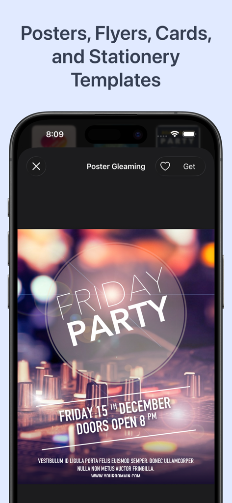 Una vista previa de plantilla de póster de fiesta en la aplicación Toolbox para Microsoft Word.