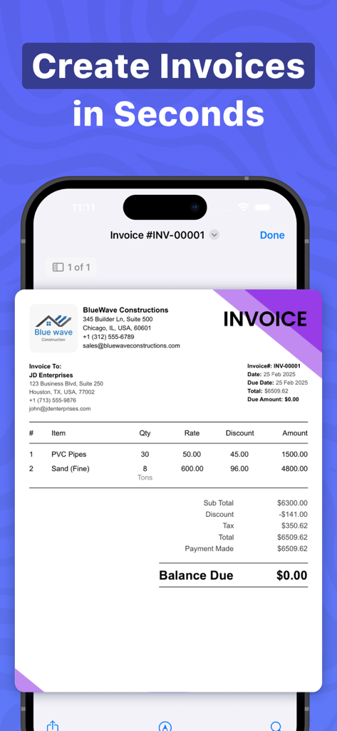 Invoice Maker & Estimate - 建設サービス向けのプロフェッショナルなビジネス請求書を表示する携帯電話の画面