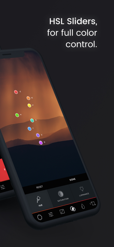 Manual Camera Pro + RAW Photo - HSL sliders for full color control on a mountain landscape photo