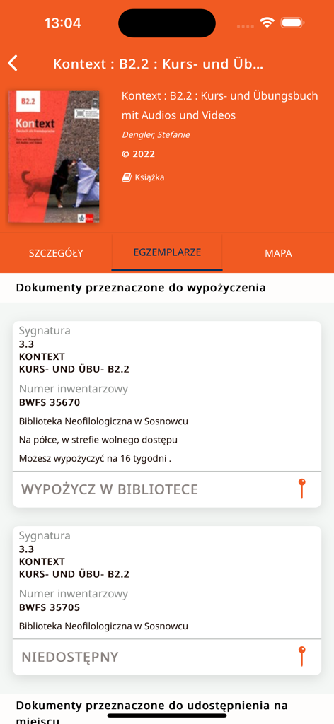 CINiBA Katowice - Schermata dell'app mobile che mostra la disponibilità dei libri e le sedi delle copie in biblioteca nel catalogo CINiBA Katowice