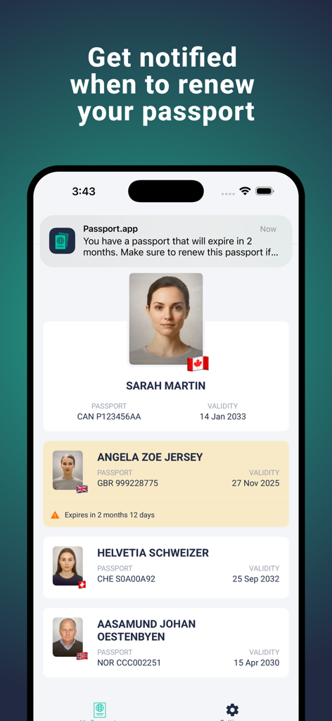Passport app interface showing notifications for passport renewal and a list of family travel documents