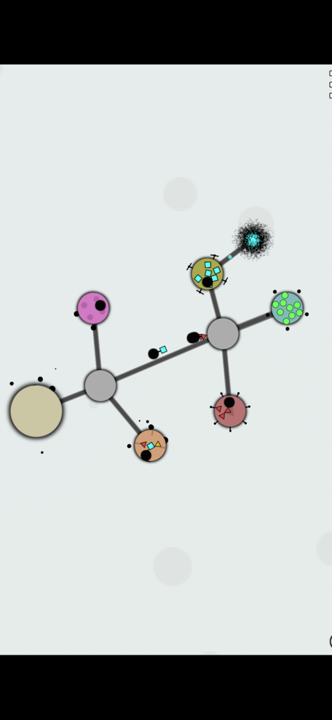 Achikaps - Minimalist economic strategy gameplay showing colorful circular nodes connected by gray paths in Achikaps