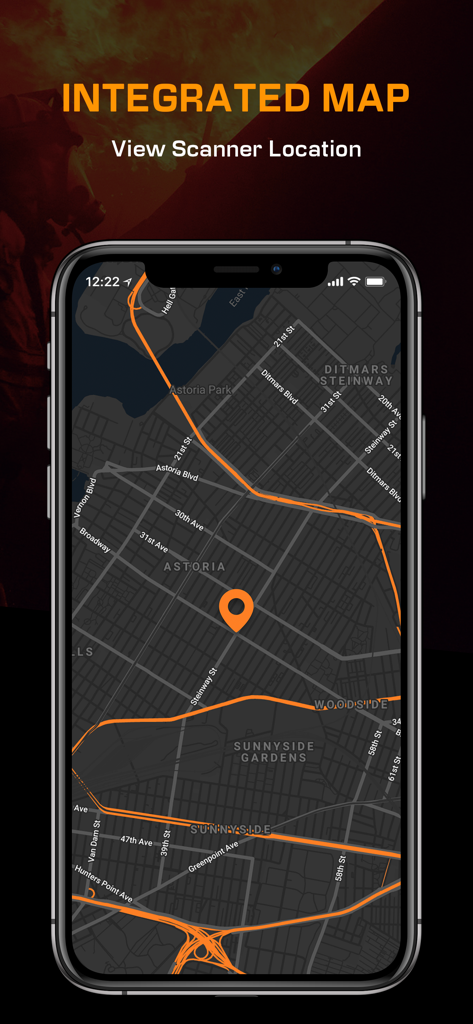 Police Scanner App, live radio - A smartphone displaying an integrated dark mode map with a location pin for viewing police scanner locations