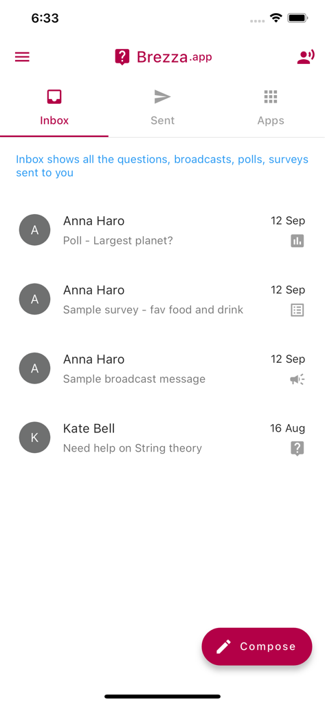 Brezza - Brezza app inbox displaying a list of polls and surveys from the users social network