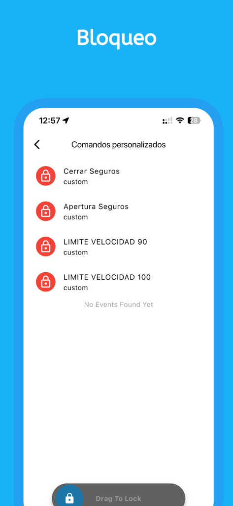 EcuaGPS - EcuaGPS app interface showing custom vehicle commands for remote locking and speed limits