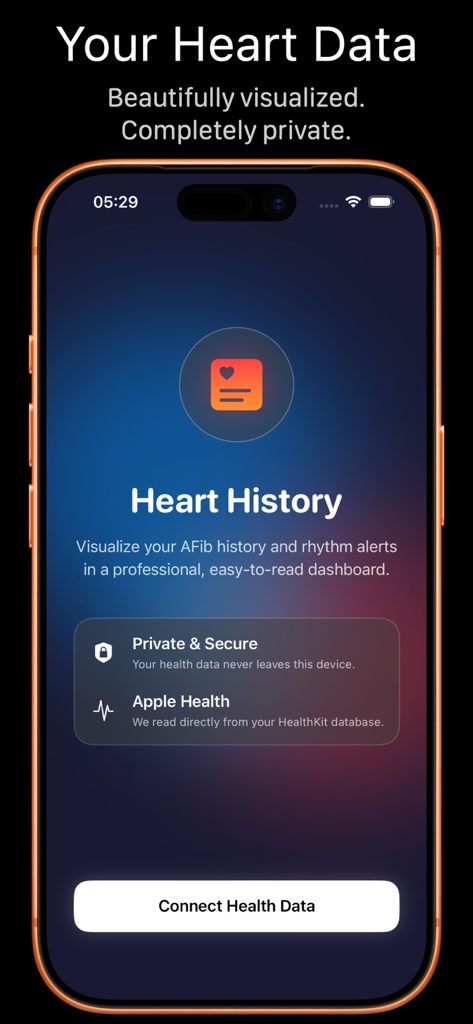 Heart History: AFib & Alerts - Pantalla de incorporación de la aplicación Historial Cardíaco destacando la privacidad y la conexión con Apple Health