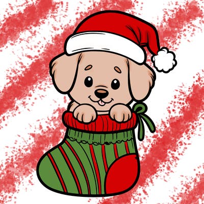 cute puppy wearing santa hat in socking