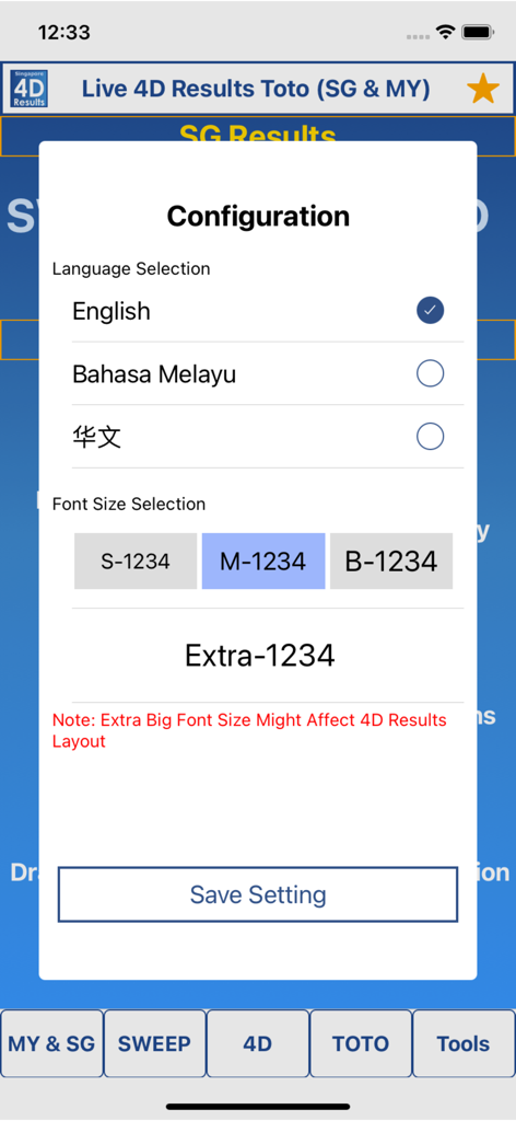Live 4D Results Toto 4D - 언어 및 글꼴 크기 옵션이 포함된 라이브 4D 결과 앱의 구성 메뉴