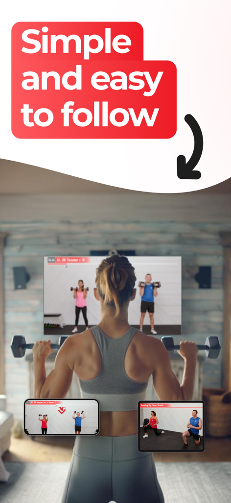 HASfit: Home Workout Programs - A woman following a HASfit dumbbell workout routine on a television in her living room