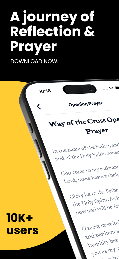 Un écran d'application mobile pour le Chemin de Croix intitulé Un voyage de réflexion et de prière montrant la prière d'ouverture