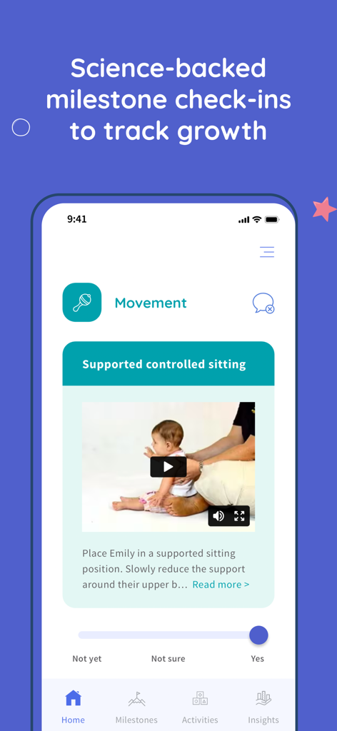 Baby Milestones & Development - Captura de tela do aplicativo Alo mostrando um marco de movimento do bebê para sentar com controle apoiado com um vídeo instrucional e controle deslizante de progresso.