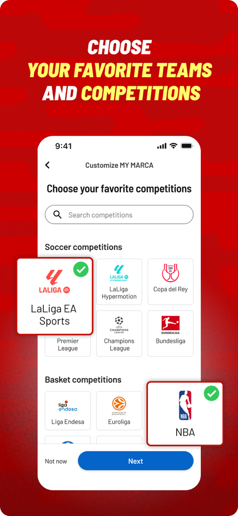 Interface of MARCA app showing options to choose favorite sports competitions like LaLiga and NBA