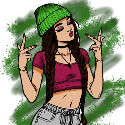 realistic teenage girl with braids and a beanie and crop top doing 🫶🏼