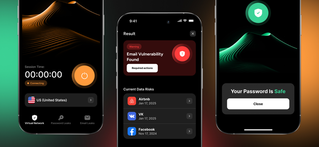 Secure Access - Safetronis - Interface of Safetronis app showing VPN session email leak detection and password security status