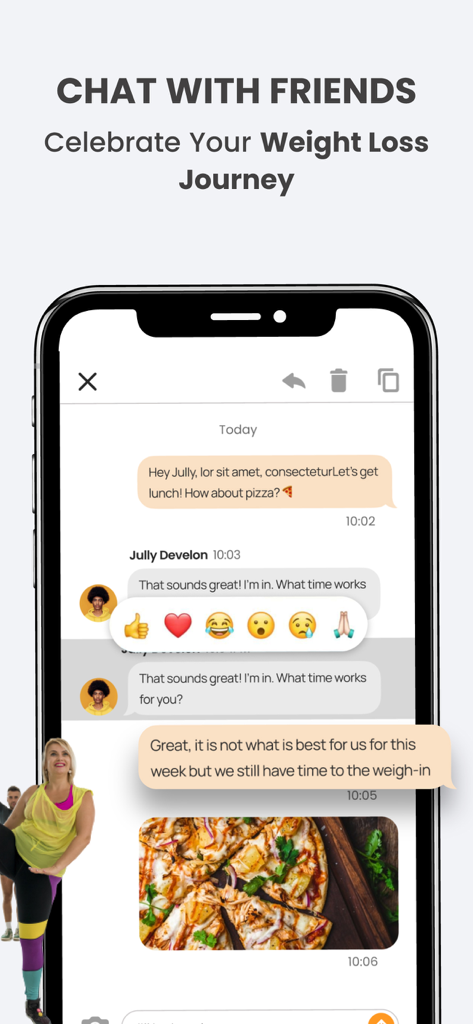 BetterTogether: Weight Loss - A mobile app interface showing friends chatting and supporting each other on their weight loss journey.