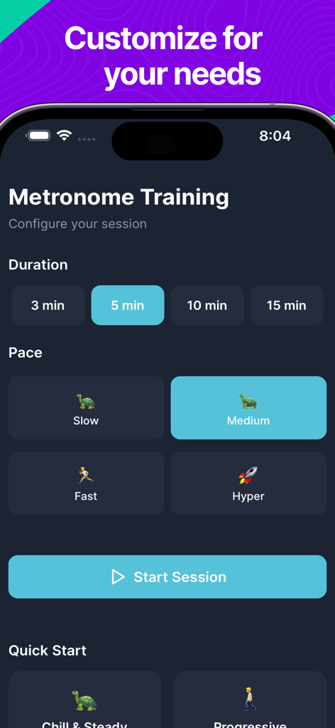 Last Longer - In Bed - Metronome training configuration screen showing duration and pace settings in the Last Longer app